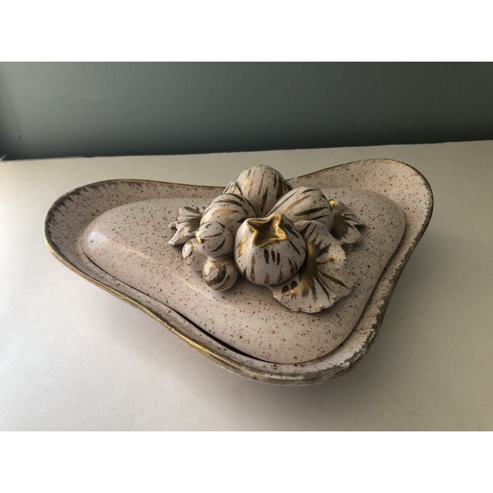 Mcm Can’t Dish With Lid Boomerang Shape with Floral Topped Lid Pink gold Specke